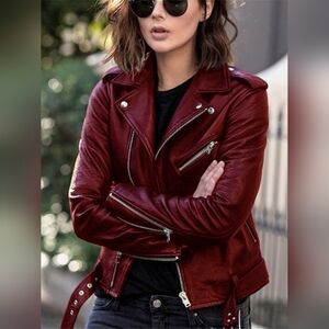 Stylish Burgundy Wine Biker Leather Jacket for Women